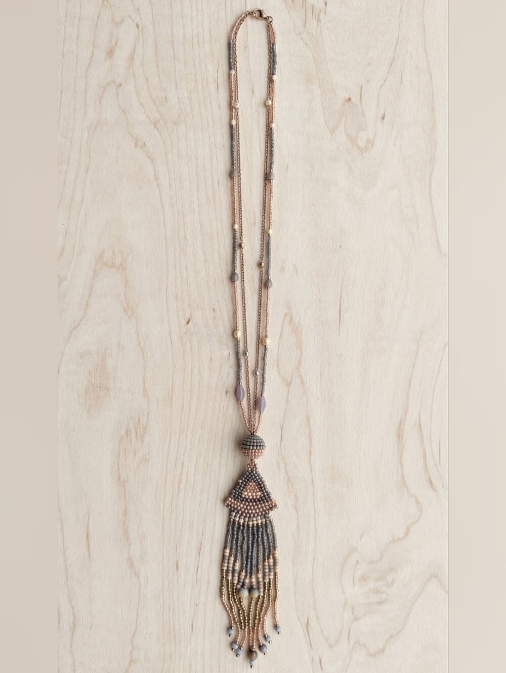 Beaded Tassel Pendant Necklace - Rose Gold & Gray